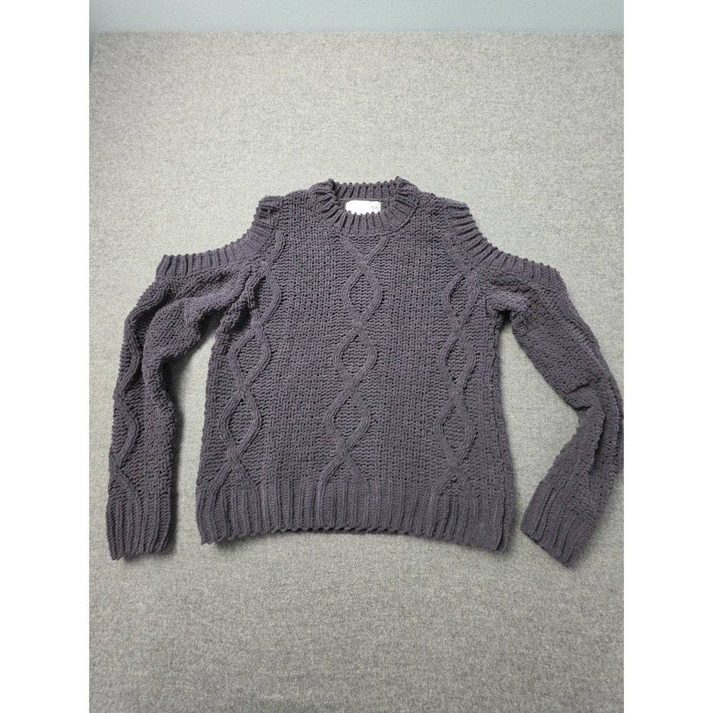 JOA Sweater Womens XS Purple Cable Knit Cold Shoulder Crew Neck Slit Pullover